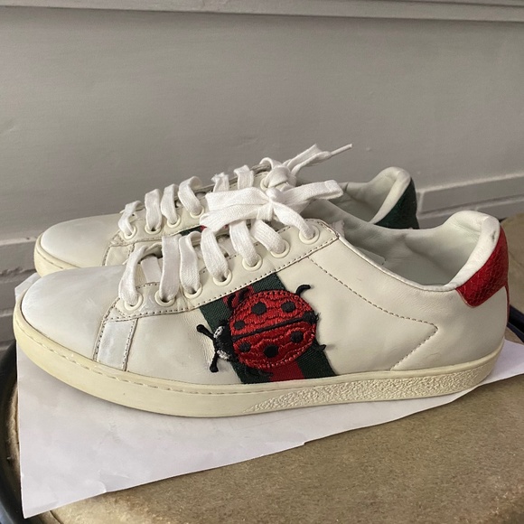 GUCCI WHITE LEATHER RUBBER SHOES FASHION SNEAKERS 39-8 pineappl Logo monog beetl - Picture 1 of 10